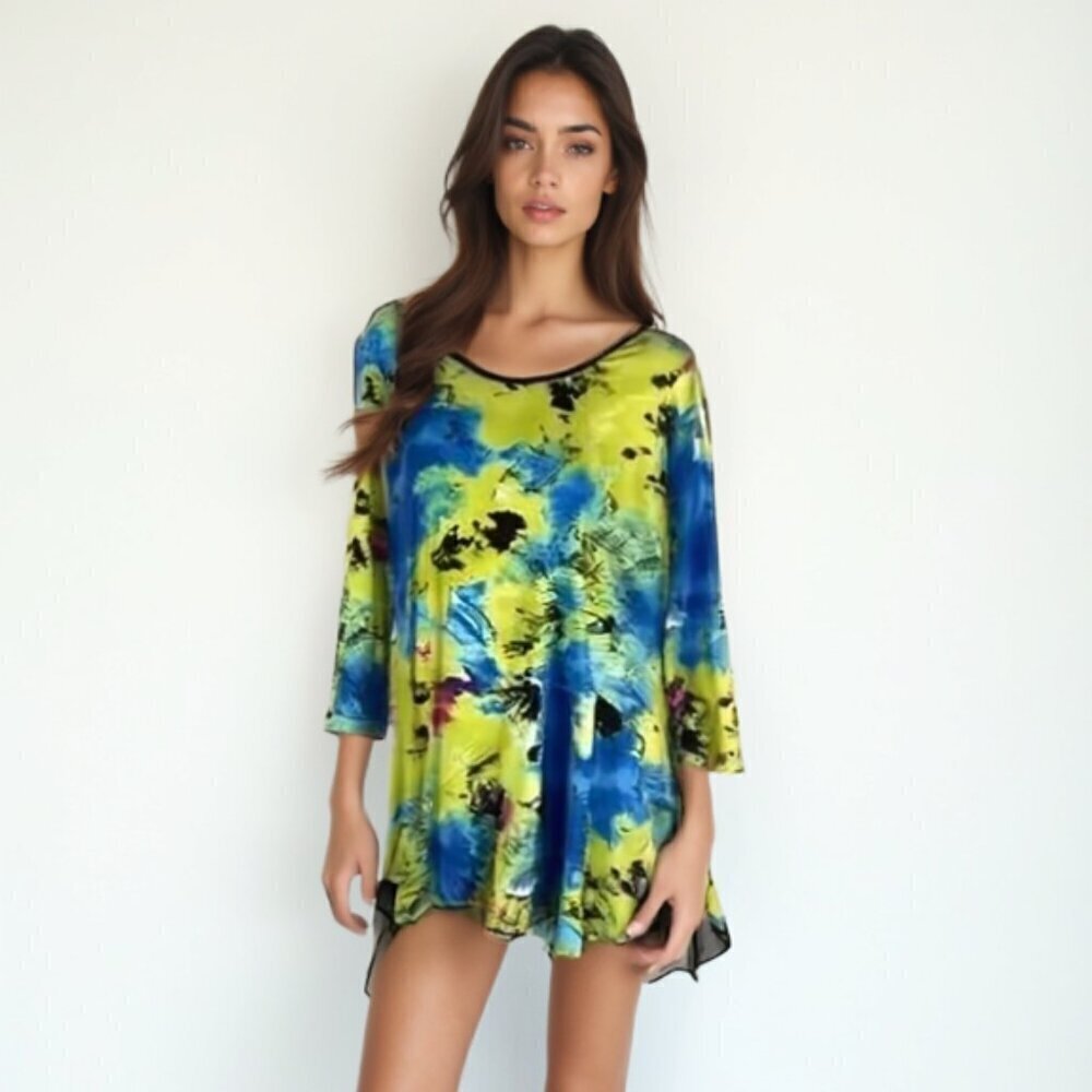 Peter Nygard Abstract Art Tunic Top XL | Vibrant Y2K Mesh Burnout Blouse ❤️